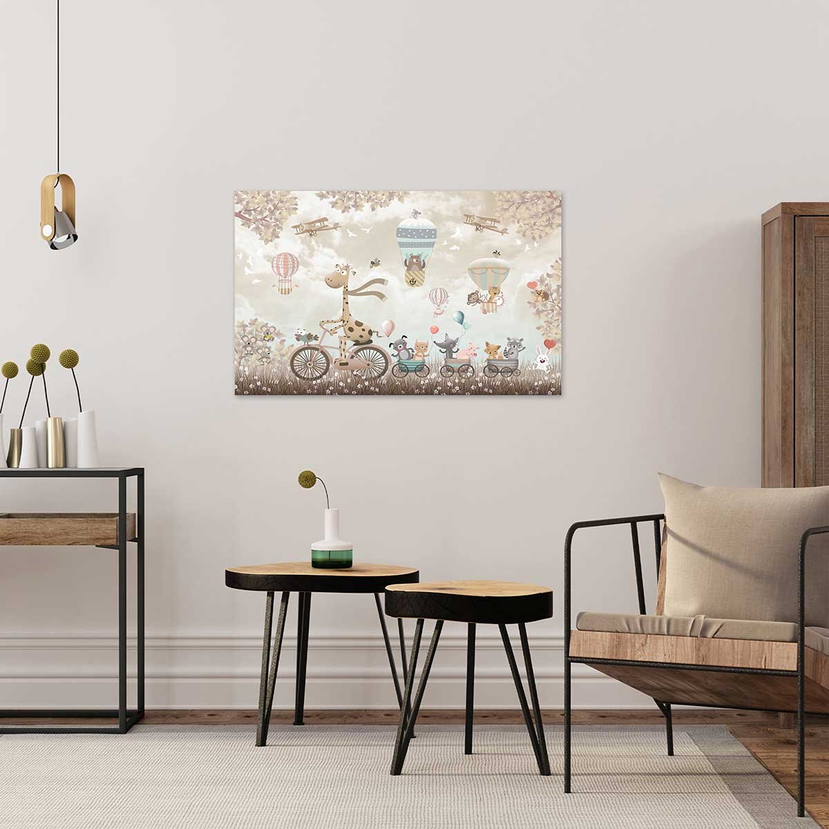Tableau enfant girafe à velo - 80x50 cm toile imprimée, HEXOA