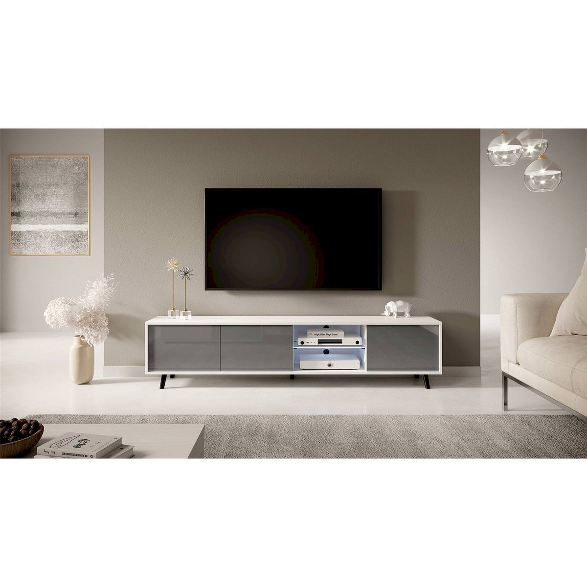 Meuble tv avec éclairage LED intégré gris chiné, RECOLLECTION