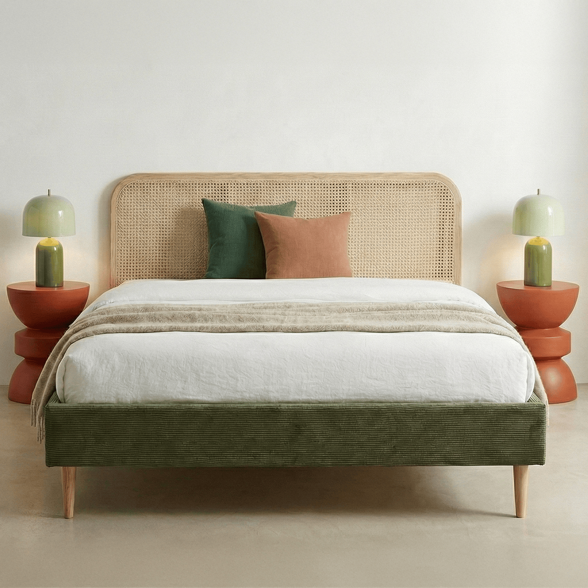 Lit en velours côtelé avec tête de lit en cannage - DALIA vert kaki, HOMIFAB