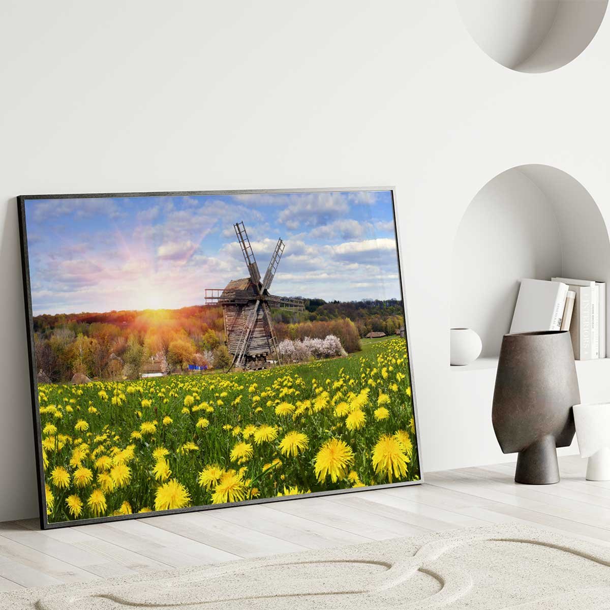 Affiche encadrée moulin à vent dans un champ fleuri affiche + cadre en métal - noir, HEXOA