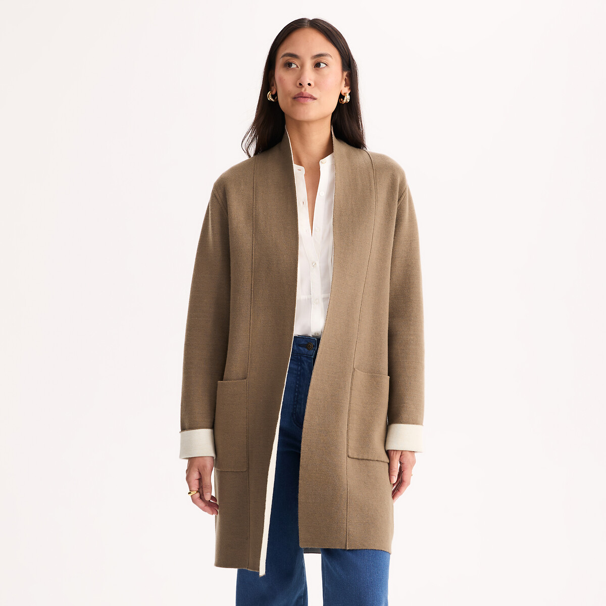 Gilet long en maille milano taupe + crème, ANNE WEYBURN