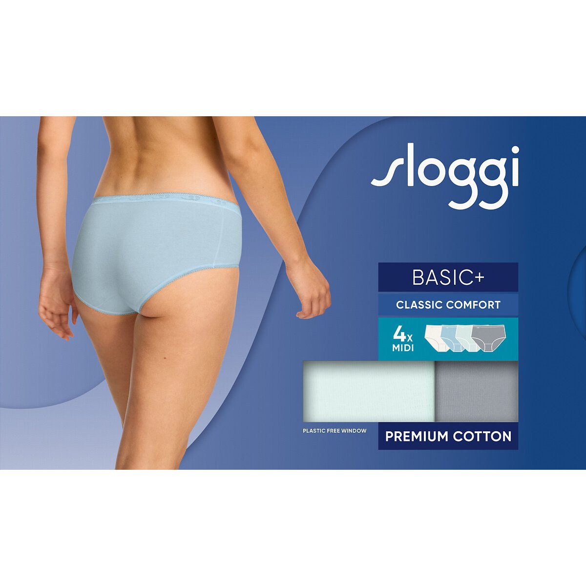 Lot de 3 + 1 gratuit Slips Midi Basic+ blanc + bleu +   bleu ciel + gris, SLOGGI