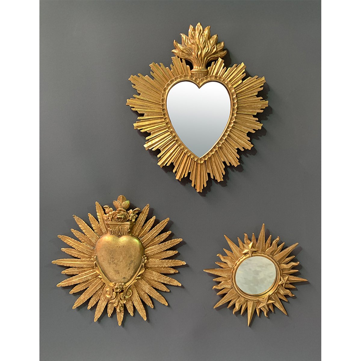 Déco miroir ex-voto coeur soleil 26.2x30.6cm or, EMDE