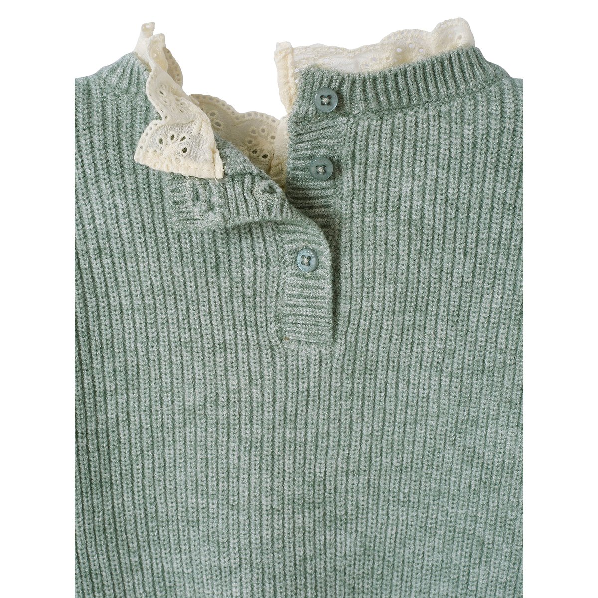 Pull bébé en côte perlée col en broderie anglaise vert sauge, VERTBAUDET