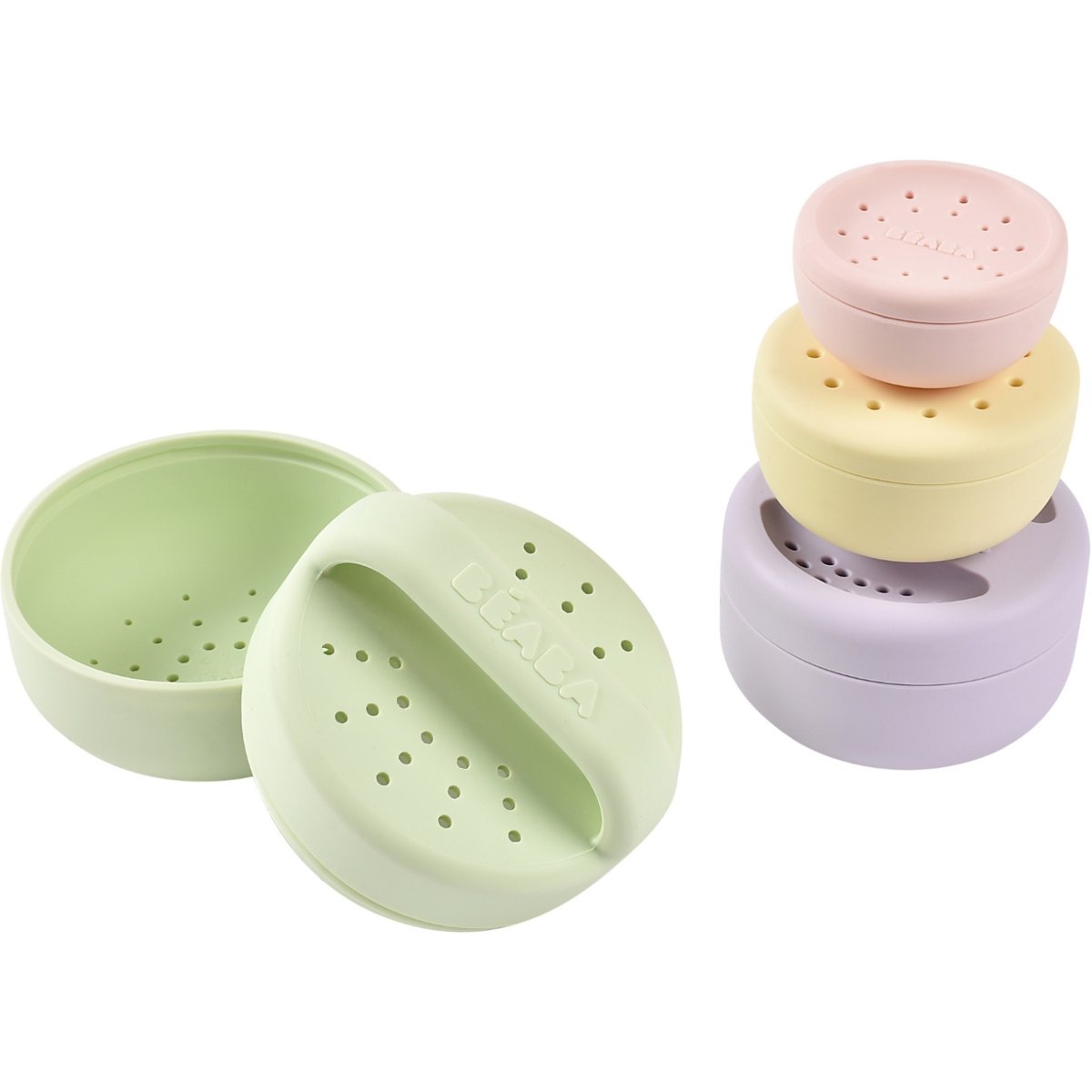 Coffret panier Galet + jouets de bain silicone gris, rose, vert, BEABA