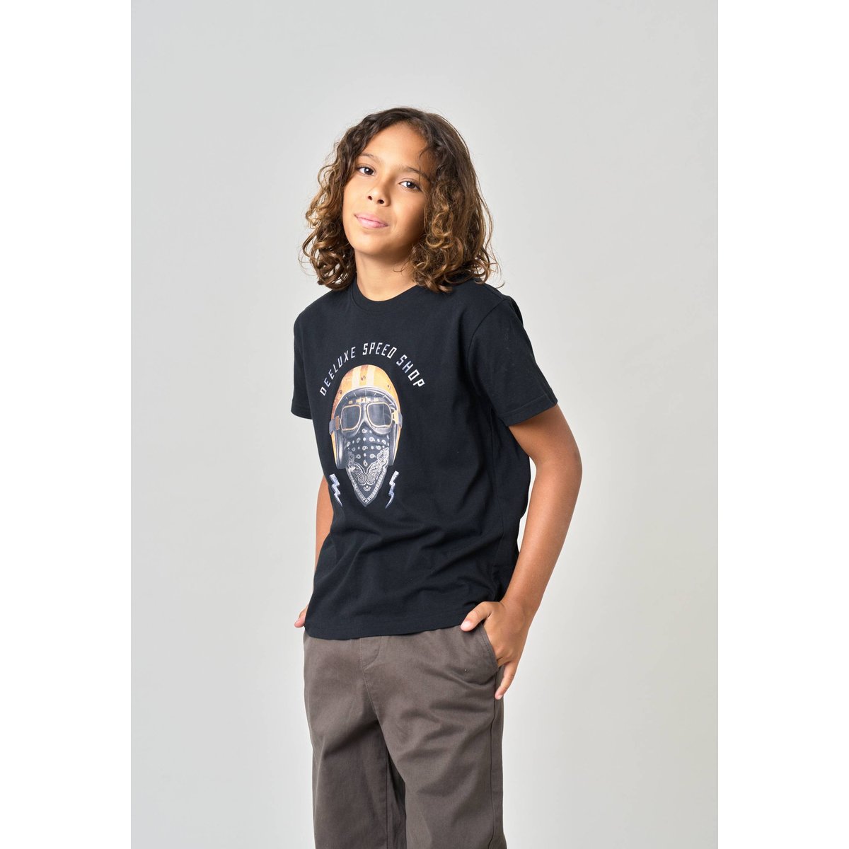 T-shirt garçon en 100% coton jersey imprimé biker HELMUP black, DEELUXE