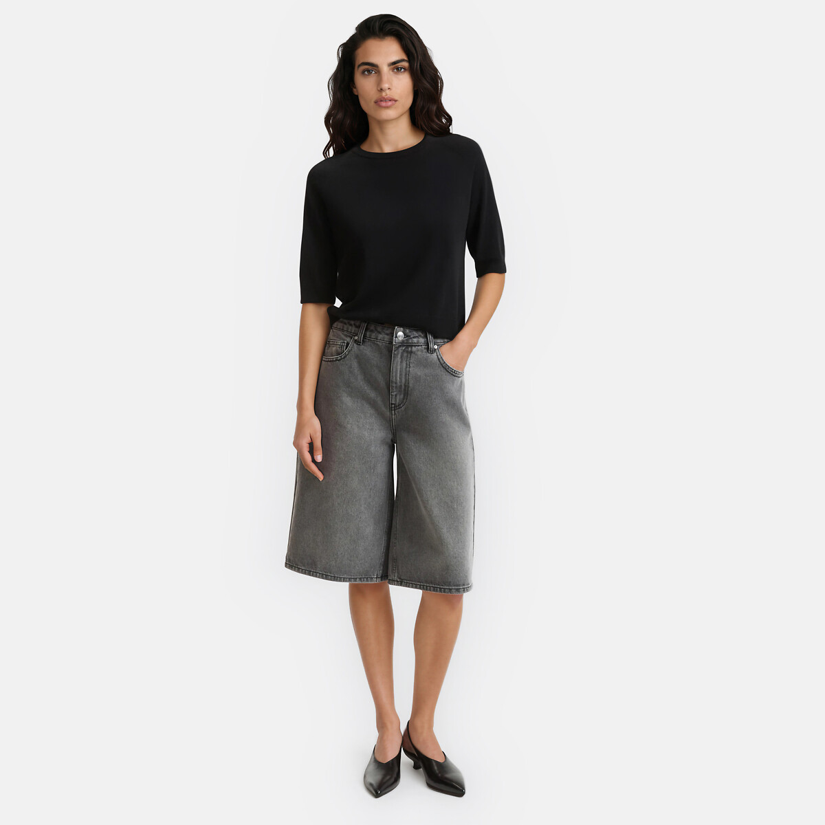 Pull col rond 100% laine, manches courtes noir, LA REDOUTE COLLECTIONS