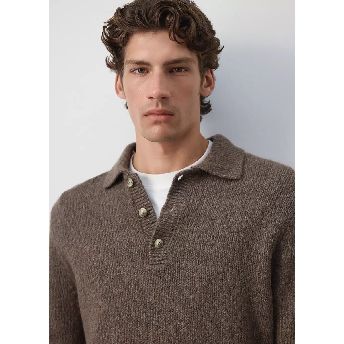 Pull-over polo maille laine mélangée kaki, MANGO MAN