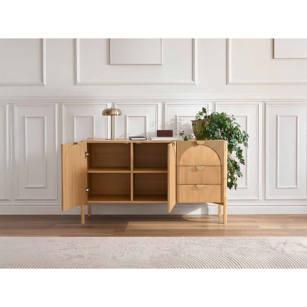 Buffet bas en placage 2 portes 3 tiroirs 135 cm, LOLA marron clair, BOBOCHIC