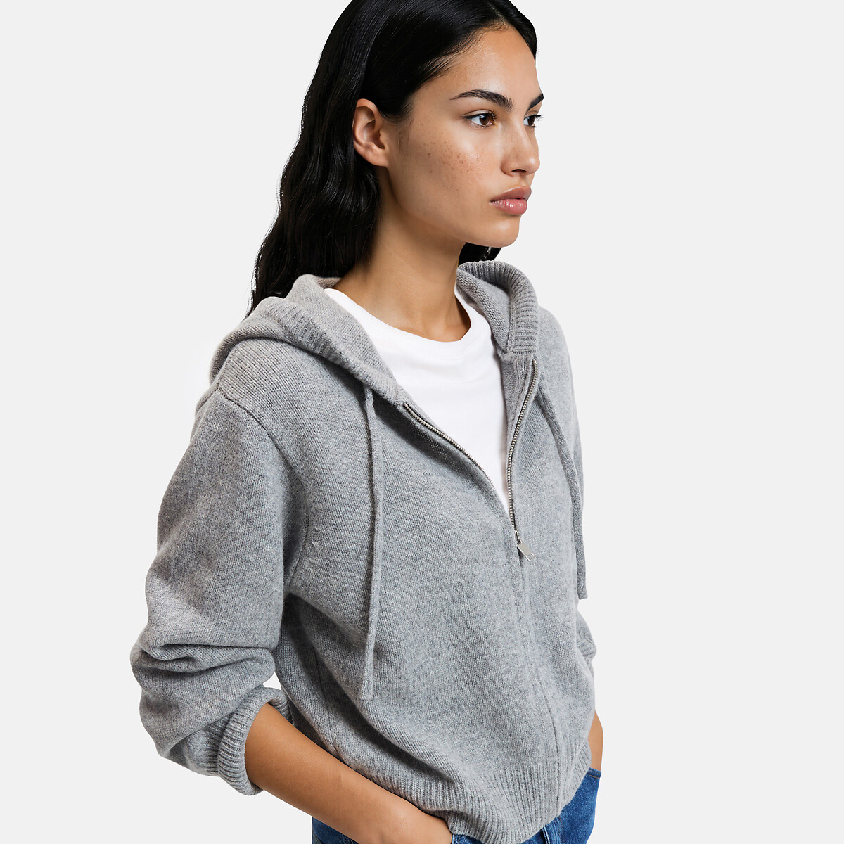 Gilet court à capuche en laine, grosse maille gris chiné, LA REDOUTE COLLECTIONS