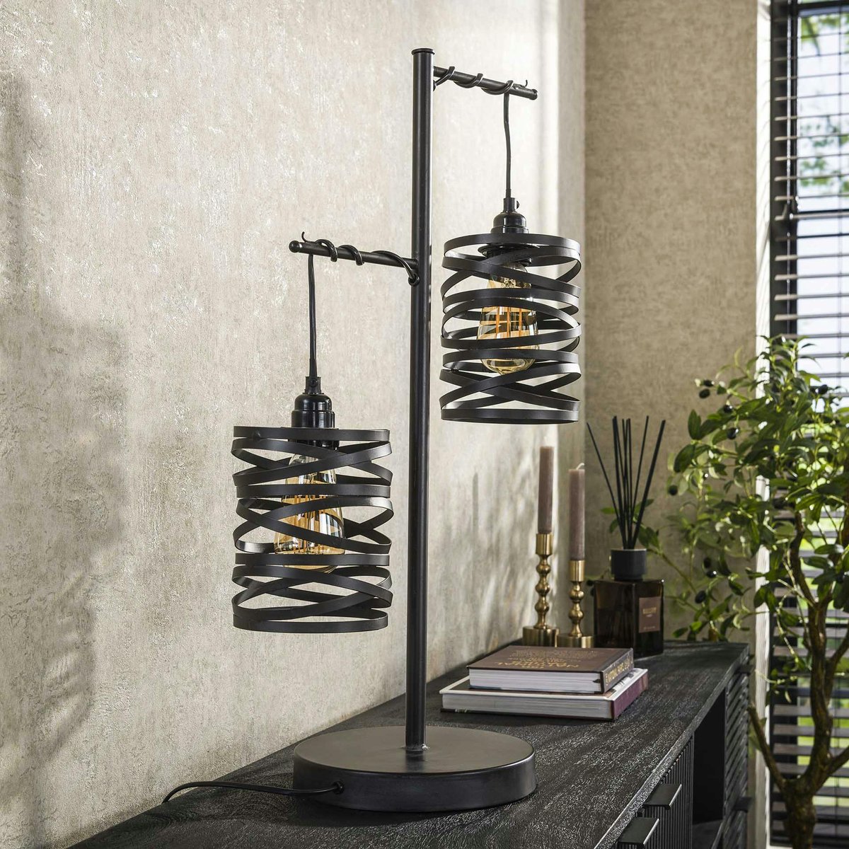 Lampe à poser ruban 2 abat-jours RALF gris foncé, PIER IMPORT
