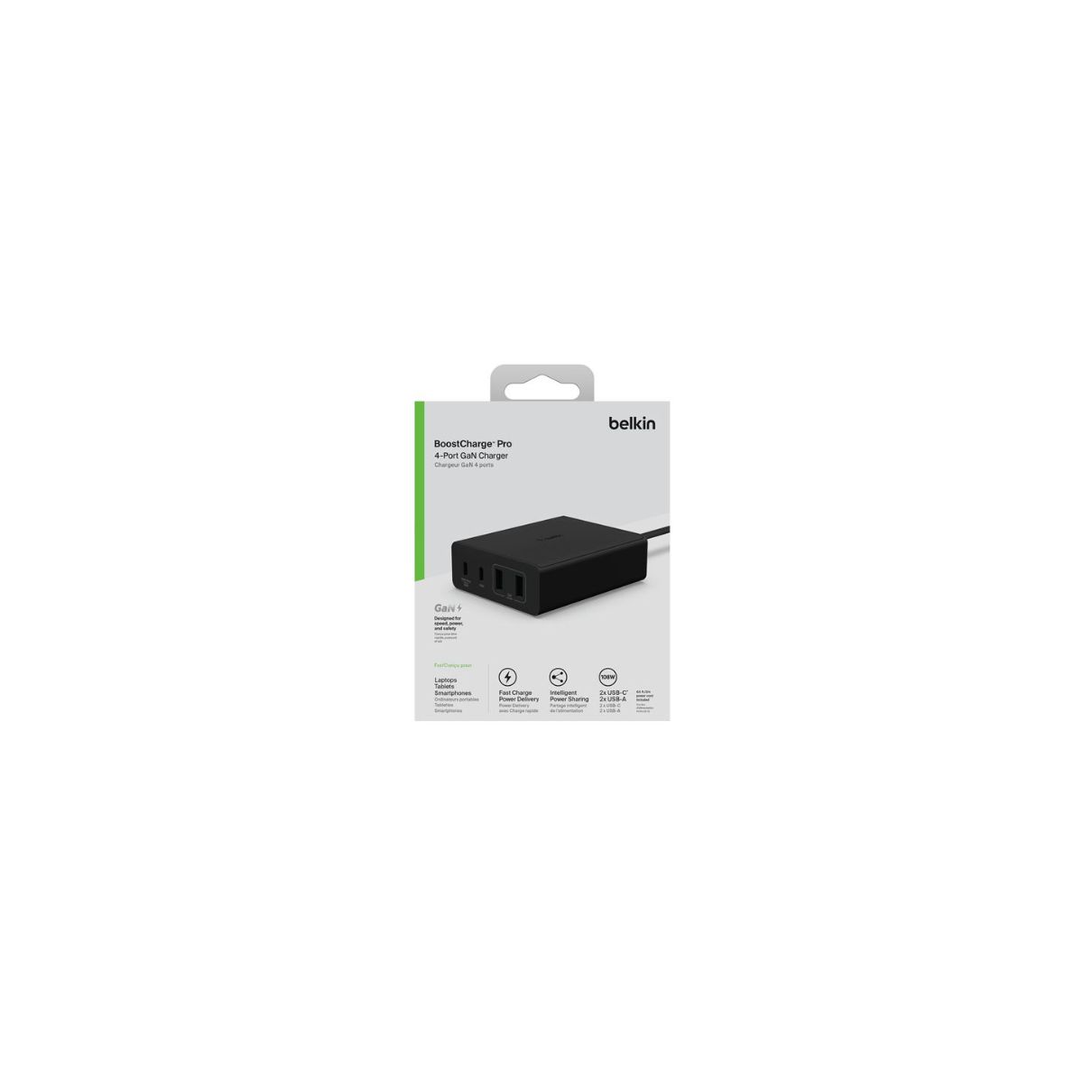 Chargeur ordinateur portable 4 ports 2 USB-C 2 USB-A 108W Noir couleur unique, BELKIN