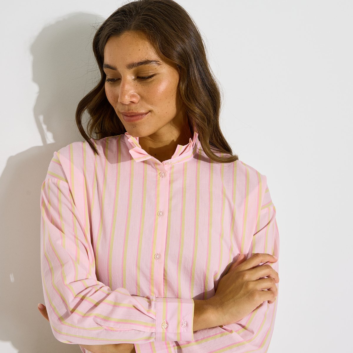 Chemise rayée col volanté rose pink, GRAIN DE MALICE