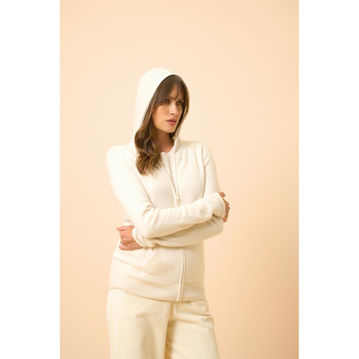 Gilet Zippé Capuche Ivoire Debbie blanc, JUST CASHMERE