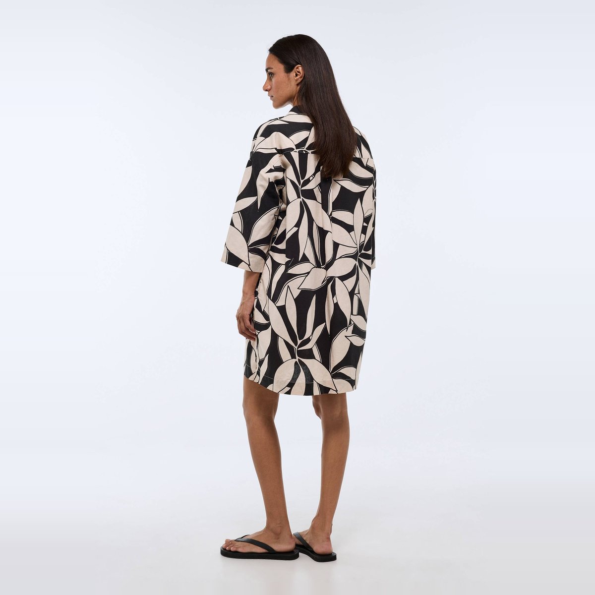 Robe courte imprimée contenant du lin noir, MONOPRIX