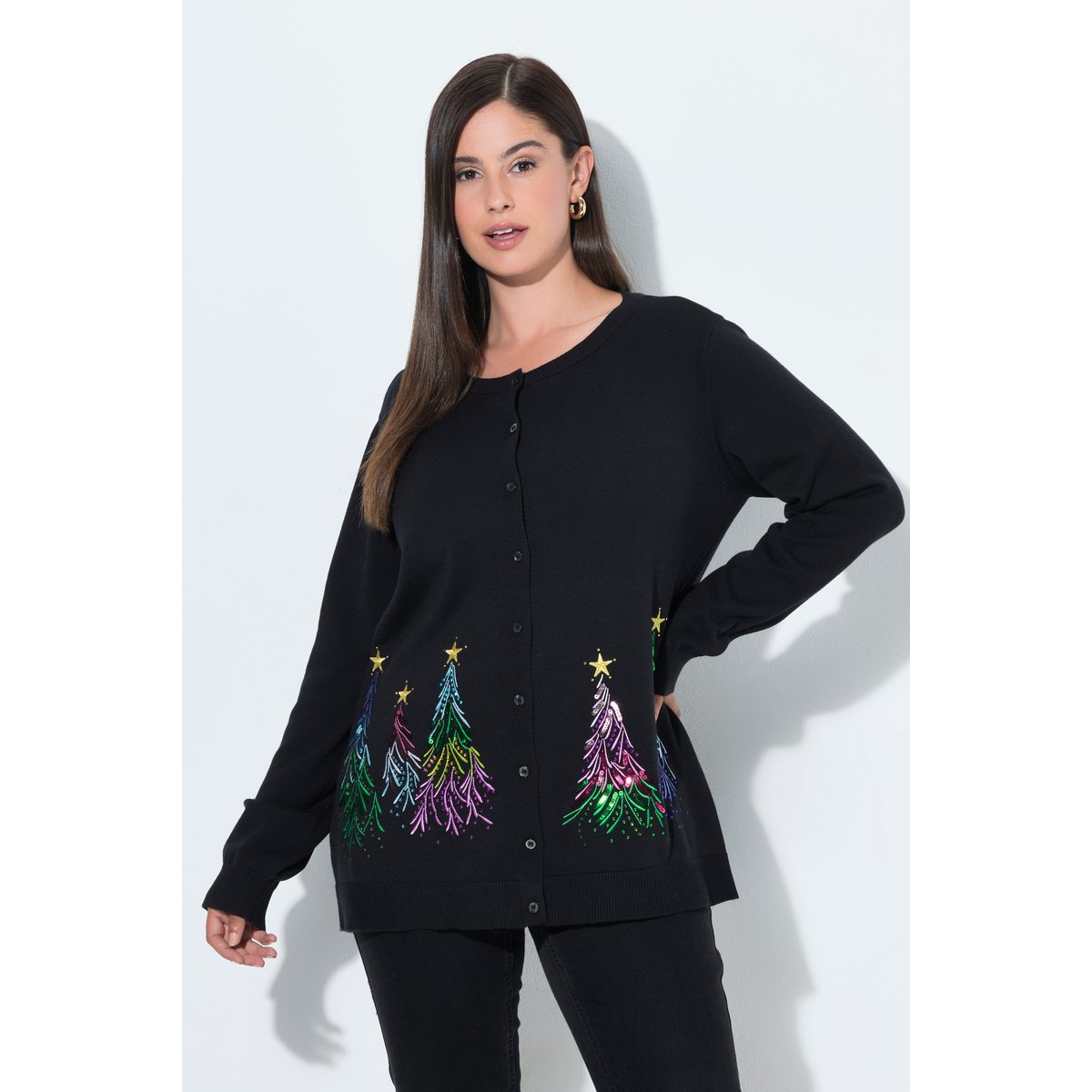 Cardigan de Noël, sapins brodés noir, ULLA POPKEN