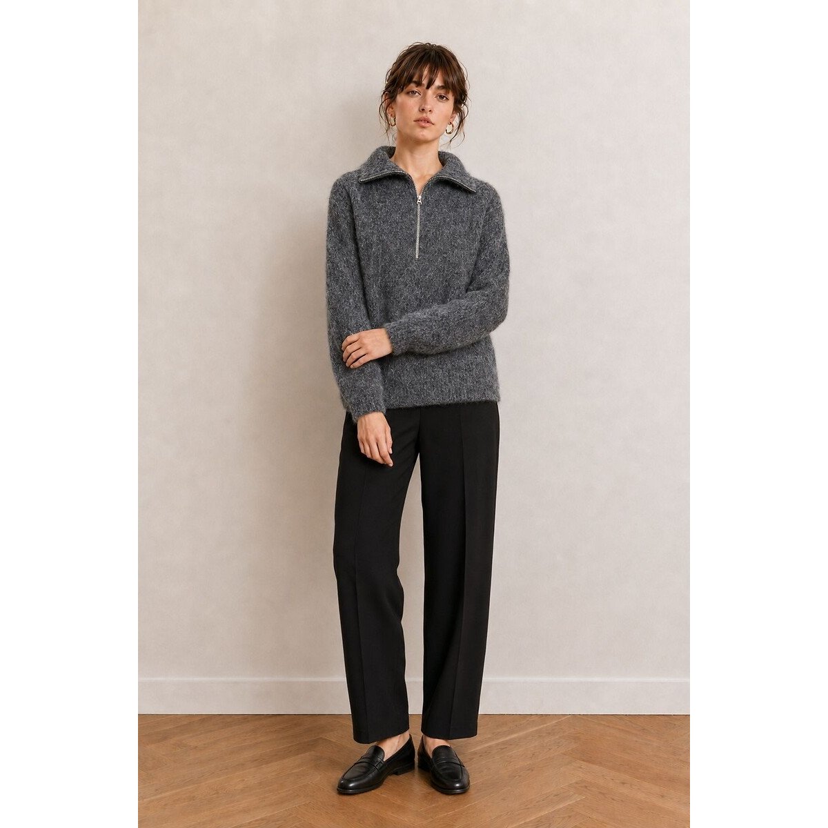 Pull en maille zippé gris, SEE U SOON