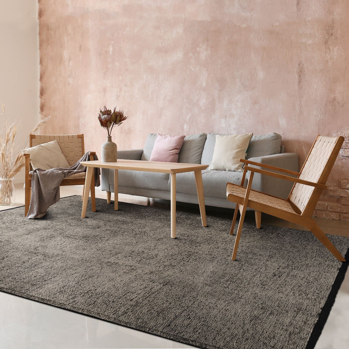 Tapis en coton et polyester lavable tissé plat  VENICE anthracite, THE DECO FACTORY