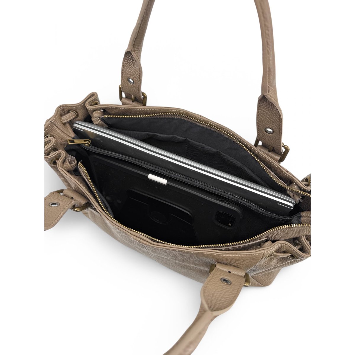 Sac bowling en cuir grainé PRINCESSE XL BRASS taupe foncé, OH MY BAG