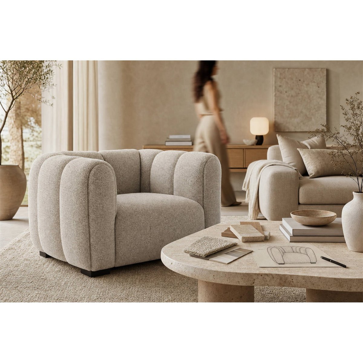 Fauteuil lounge aux formes arrondies beige naturel, RECOLLECTION