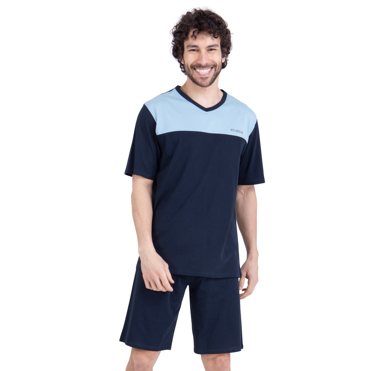 Pyjama court en coton, col V bleu/bleu marine, ATHENA