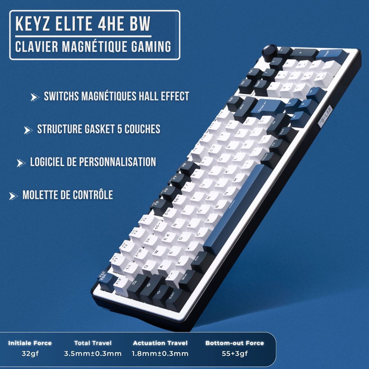 Clavier gamer KEYZ ELITE 400 HE BW Magnetique couleur unique, THE G-LAB