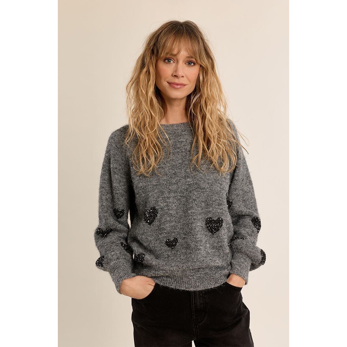 Crew Neck Jumper with Heart Detailing grey, MOLLY BRACKEN
