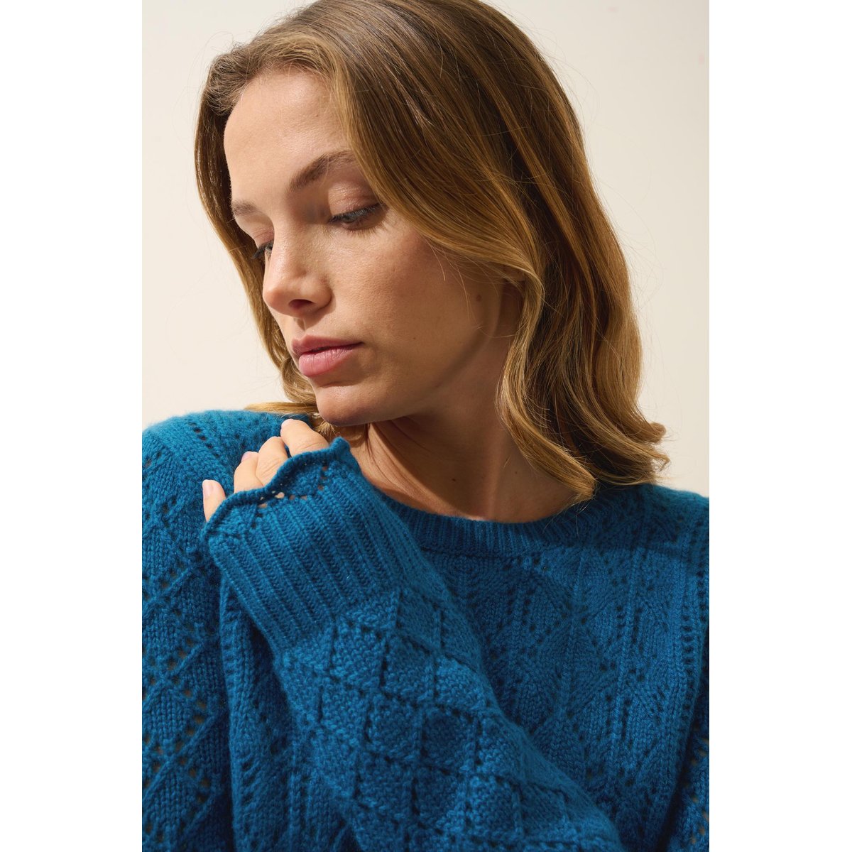 Pull Col Rond 8 Fils Paon Nadia bleu vert, JUST CASHMERE