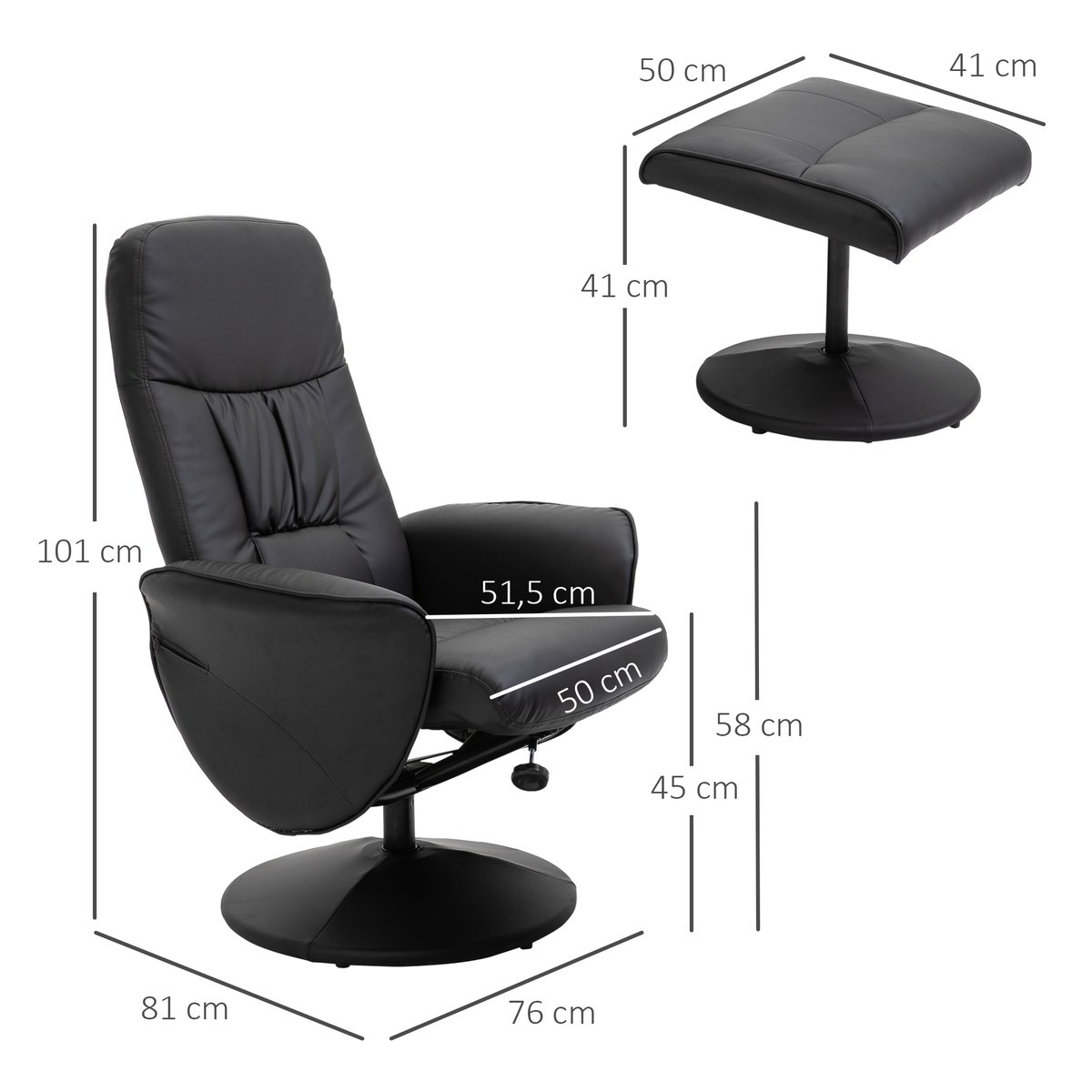 Fauteuil inclinable avec repose-pieds PU Noir noir, HOMCOM