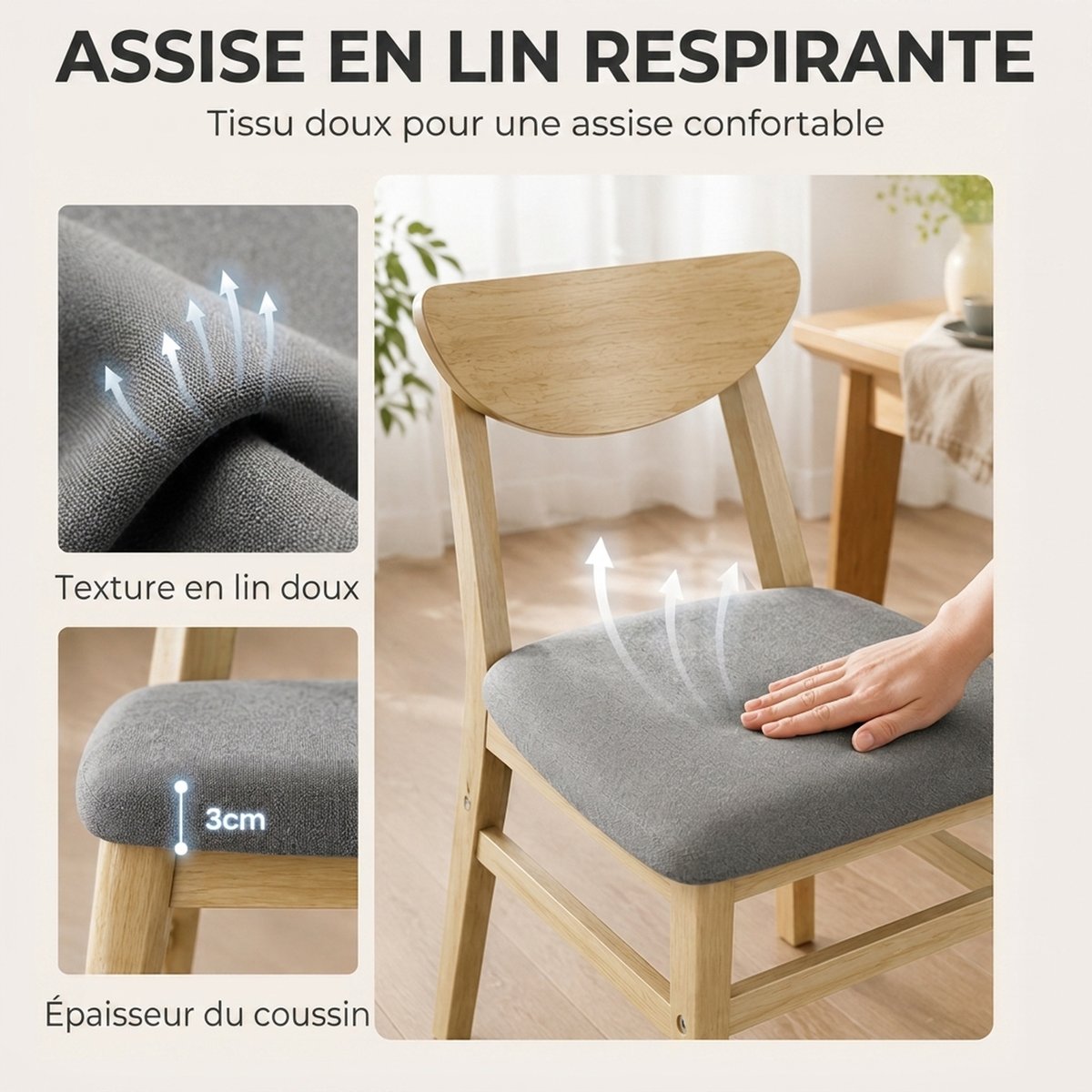 Chaise de salle à manger Tissu effet lin (100 gris et bois naturel, HOMCOM