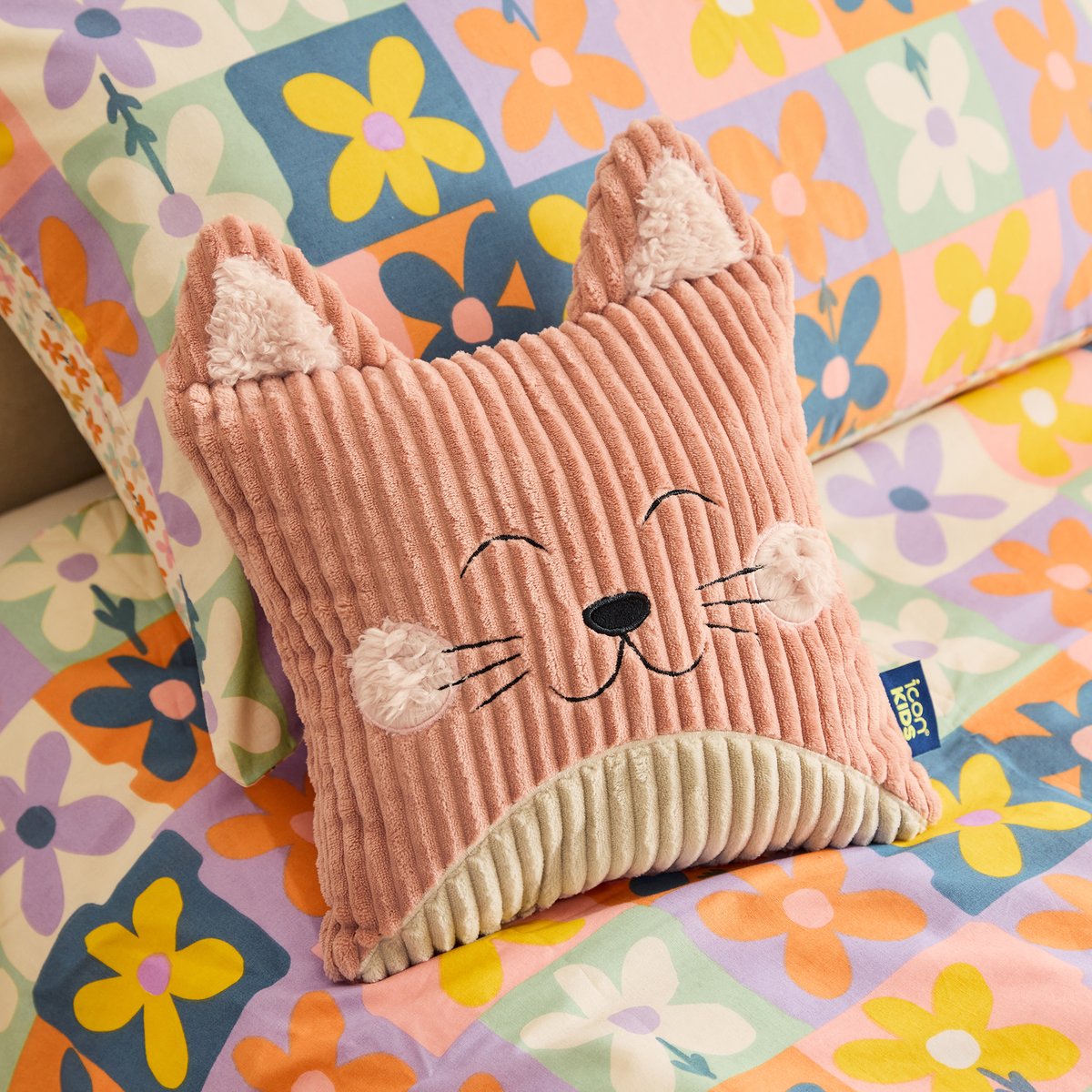 Pouf poire animal pour enfant avec coussin en velours côtelé Oeko-Tex® rose chat, ICON
