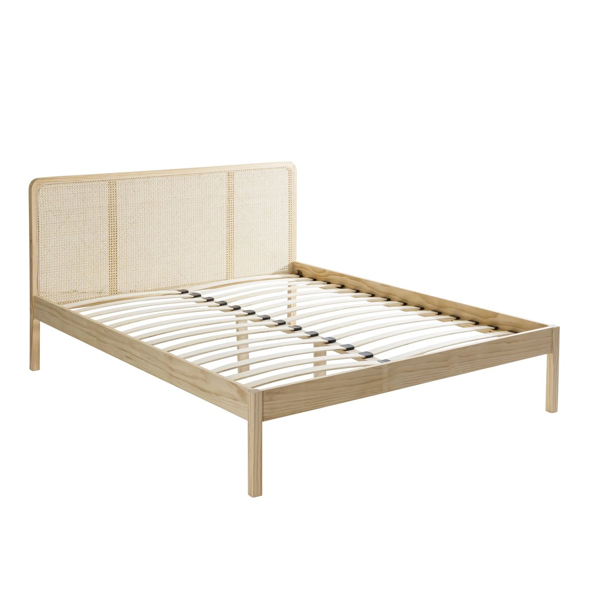 Lit en pin massif avec tête de lit et 2 chevets cannage - ANNA bois naturel, TERRE DE NUIT