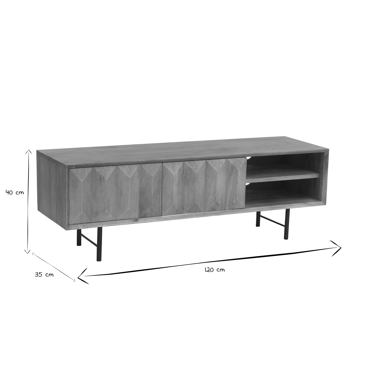 Meuble TV en bois clair manguier massif gravé et métal noir L120 cm AGRA chêne clair, MILIBOO