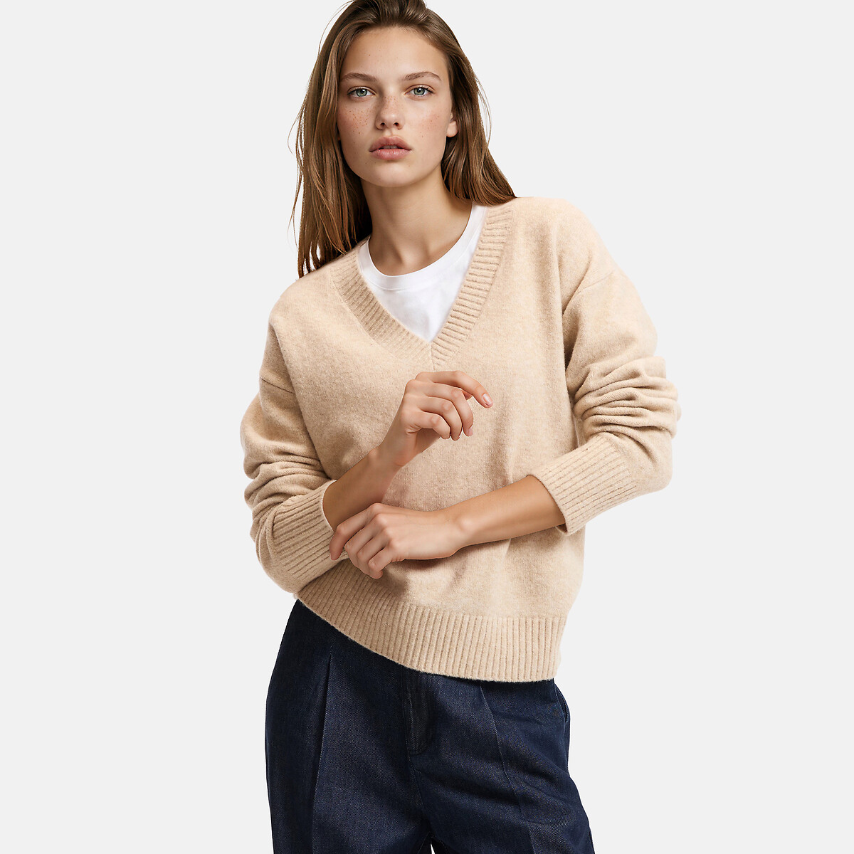 Pull col V beige chiné, LA REDOUTE COLLECTIONS