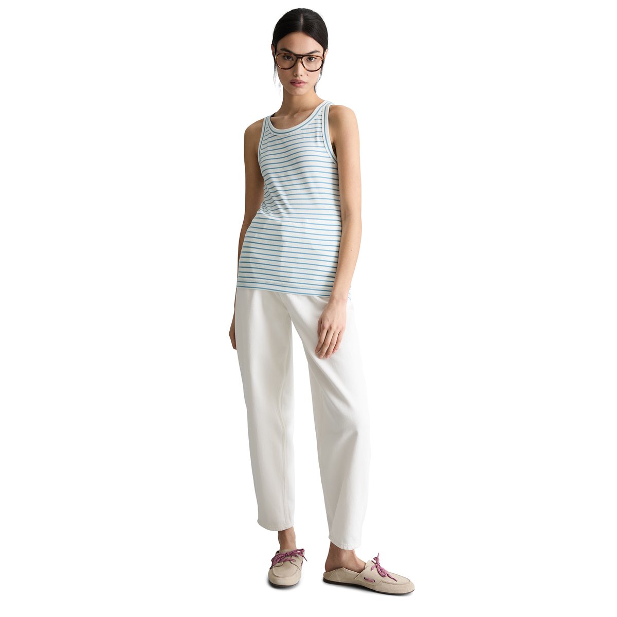 Débardeur à rayures slim en coton organique blanc/bleu clair, MARC O’POLO DENIM