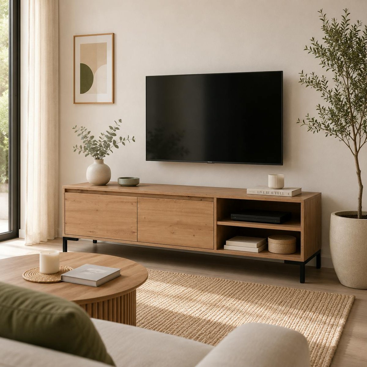 Meuble TV décor bois 2 portes 2 niches KARVI bois naturel, PIER IMPORT