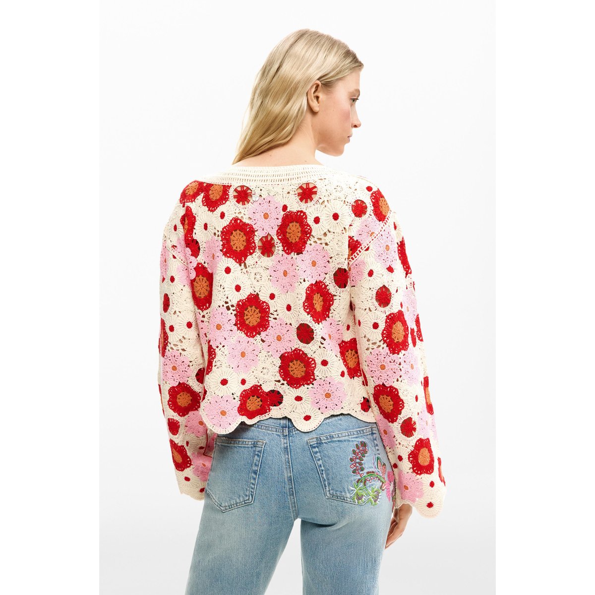 Pull fleurs crochet beige, DESIGUAL