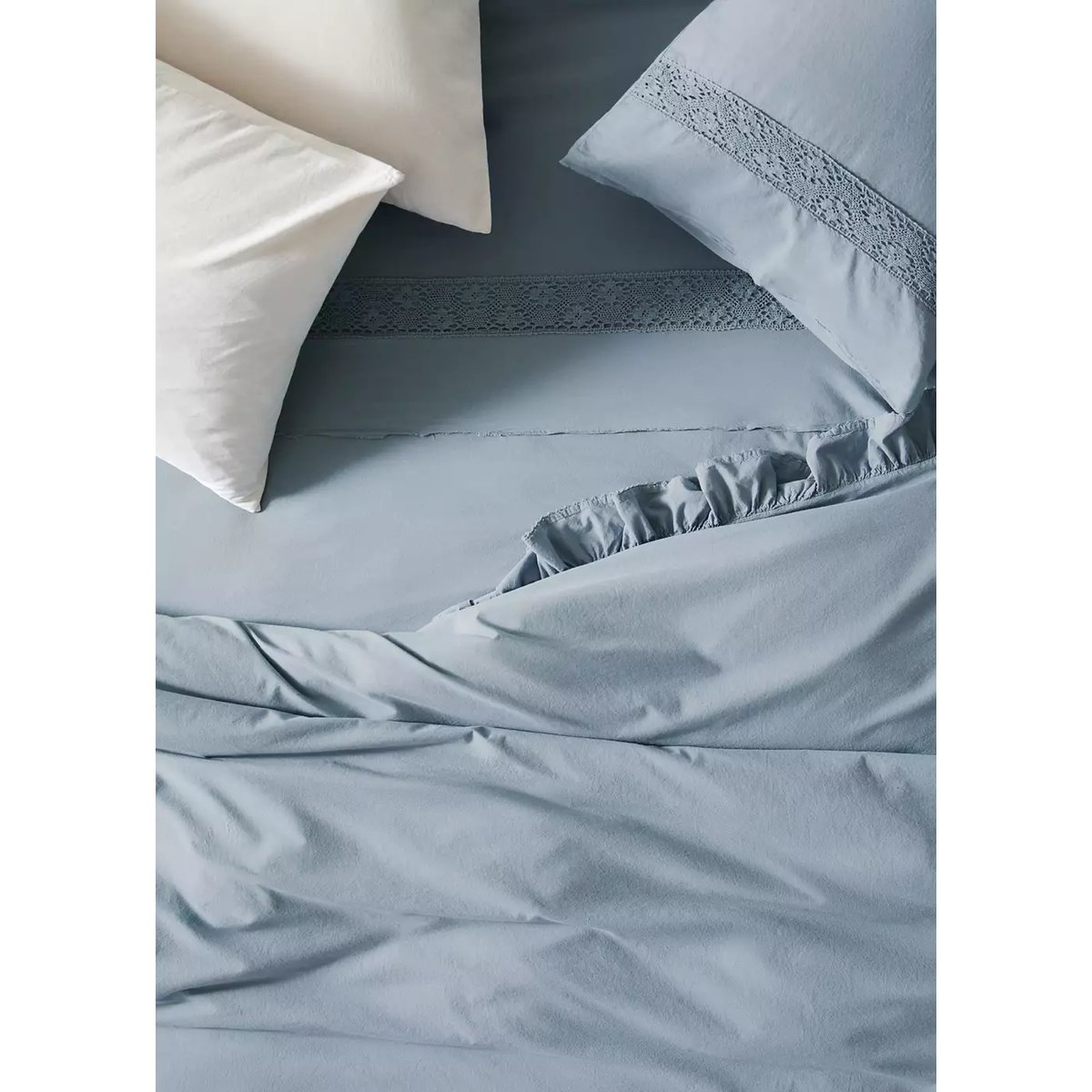 Housse de couette coton lavé volant en voile lit 90 cm bleu, MANGO HOME