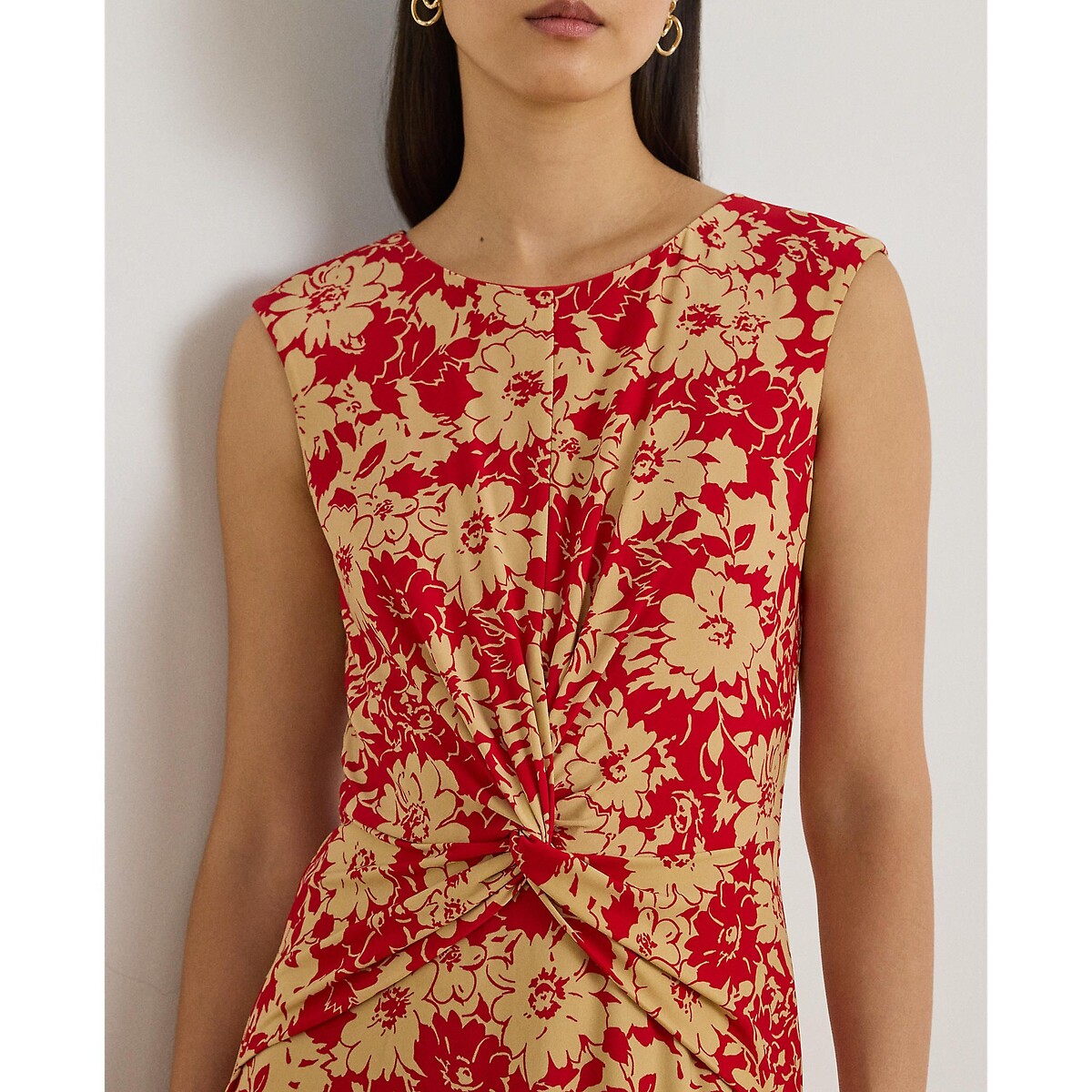 Robe midi sans manches col rond, imprimé floral rouge/camel, LAUREN RALPH LAUREN