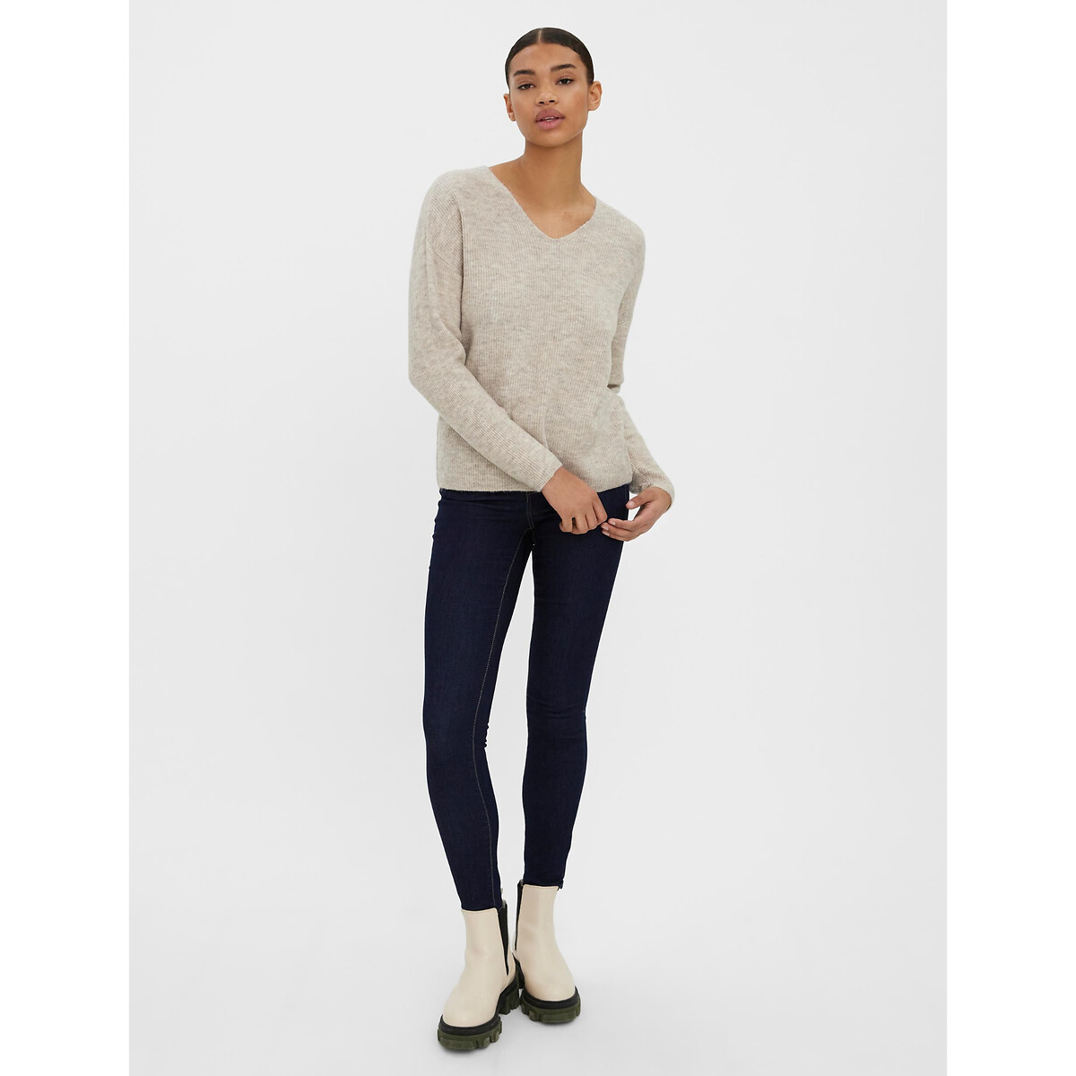 Pull scollo a V in morbida maglia ecru , VERO MODA