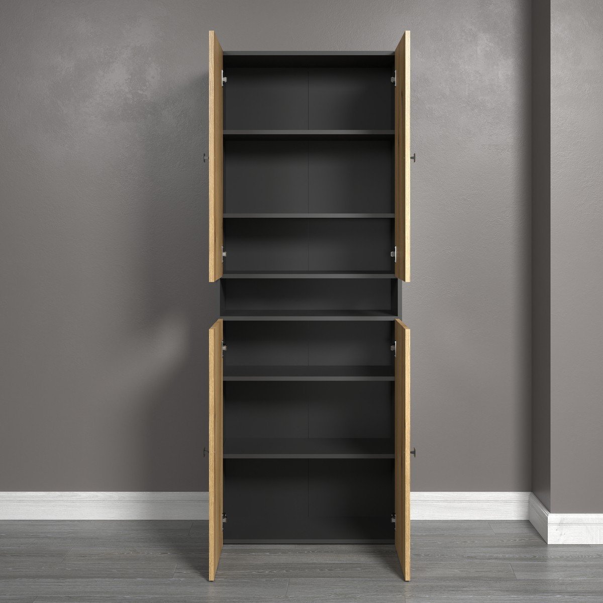 Double colonne de salle de bain rainurée 4 portes et 1 niche L70 cm -PUREBLISS chêne blond/ gris anthracite/ noir, CALICOSY
