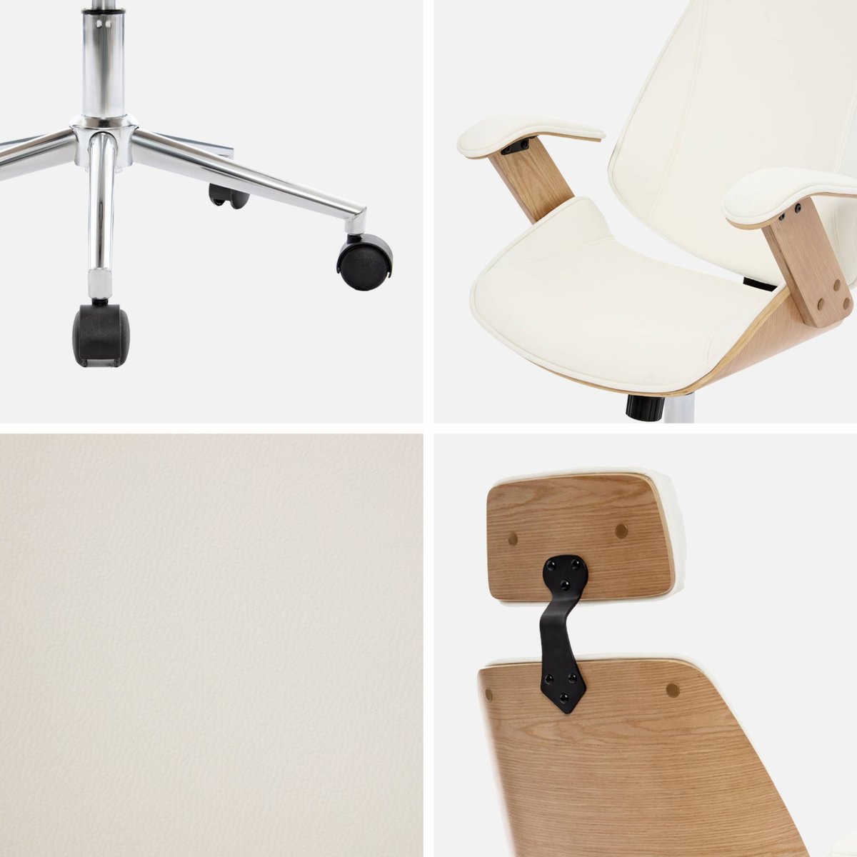 Chaise de bureau à roulettes décor bois courbé et simili cuir MICHAEL blanc, SWEEEK
