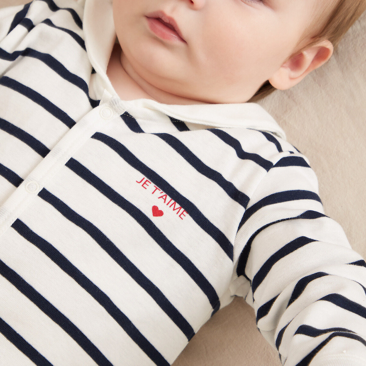 Pigiama in cotone, senza piedi, con stampa a righe rigato blu, PETIT BATEAU