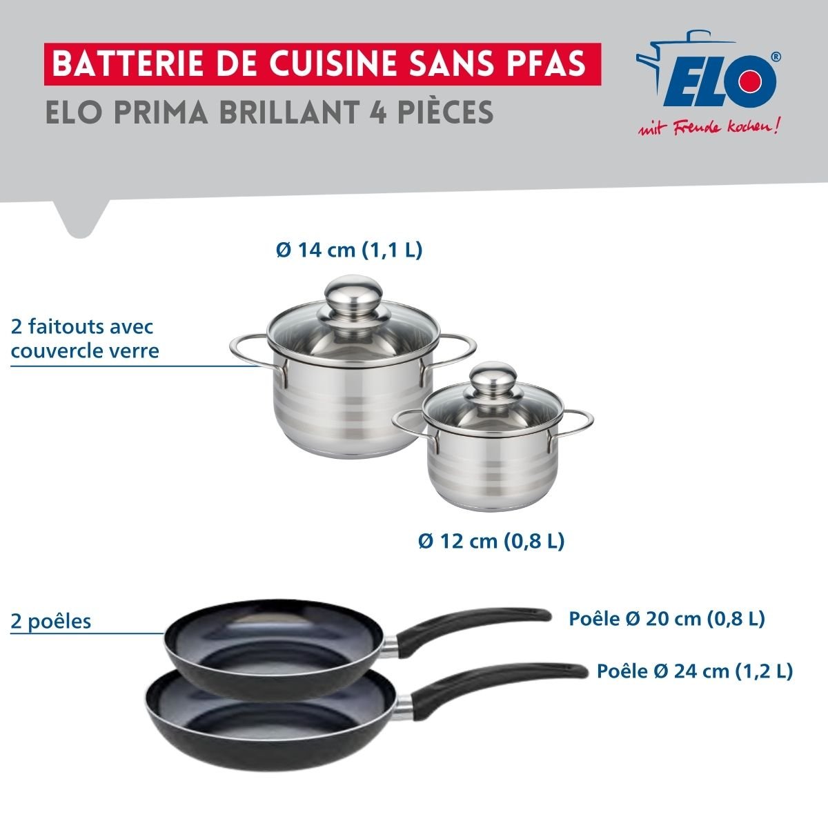 Batterie 2 poêles 20/24cm + 2 faitouts 12/14cm PRIMA BRILLANT noir, ELO