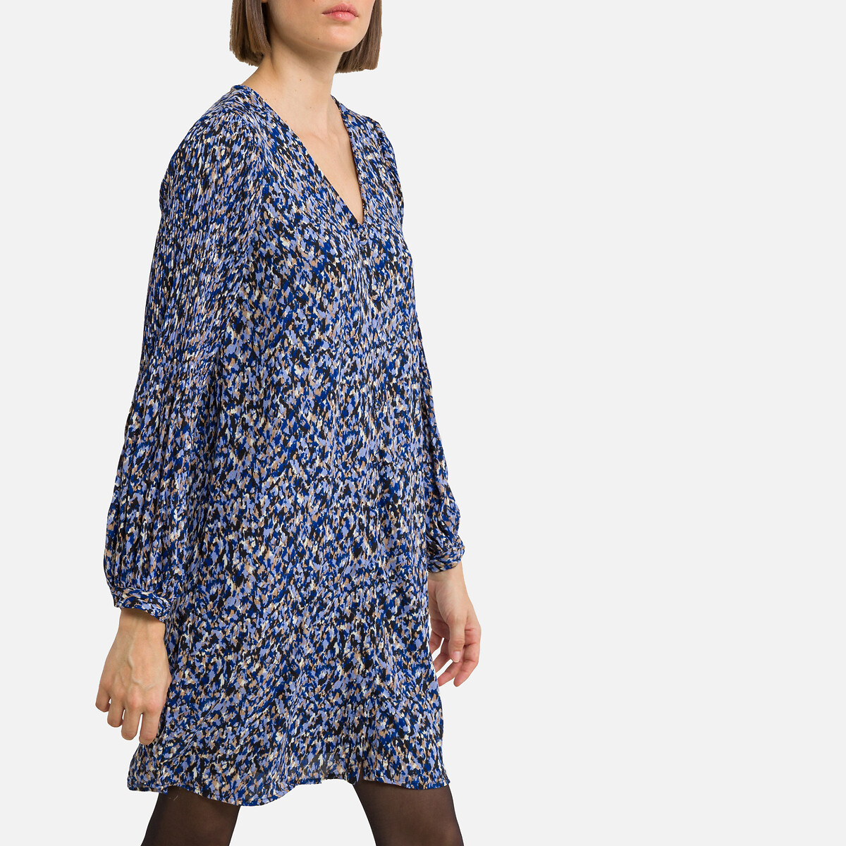 Robe courte imprimée, col V imprimé bleu, VERO MODA