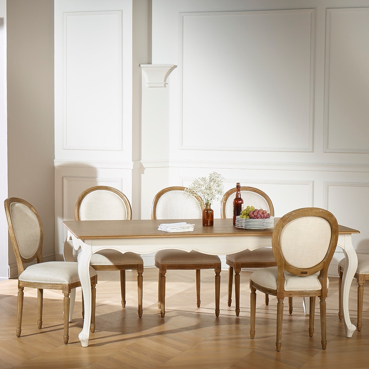 Table rectangulaire, plateau en chêne 8 couverts LOURDES blanc, ROBIN DES BOIS