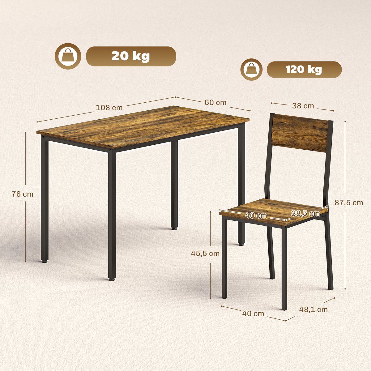 Ensemble de table à manger Panneau de brun rustique, noir, HOMCOM