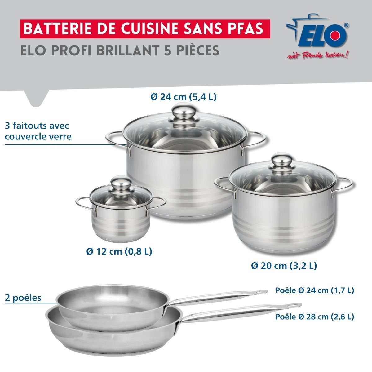 Batterie 2 poêles 24/28cm + 3 faitouts 12/20/24cm PROFI BRILLANT gris, ELO