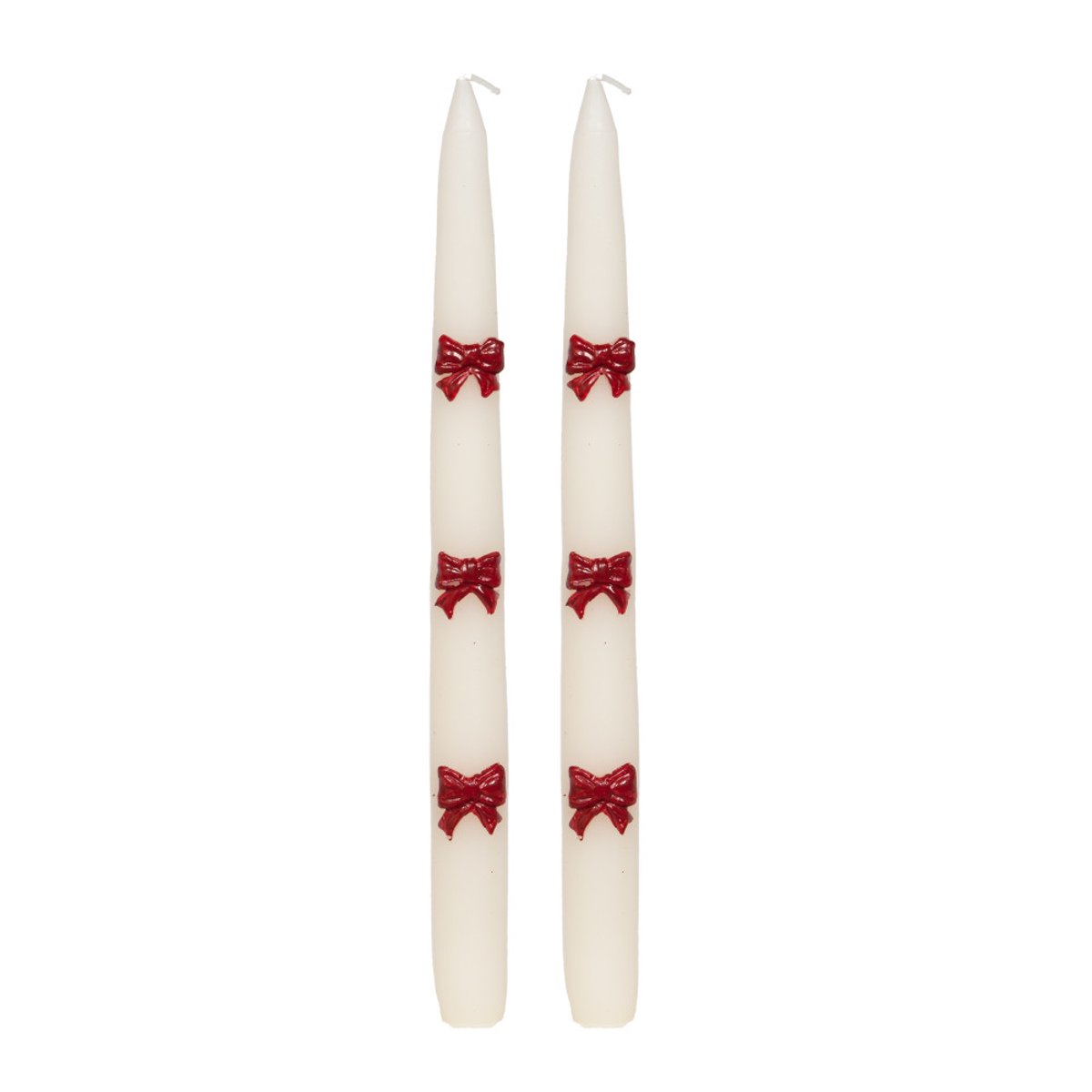 Coffret 2 chandelles noeuds rouge H25,5 cm en cire blanc, AMADEUS