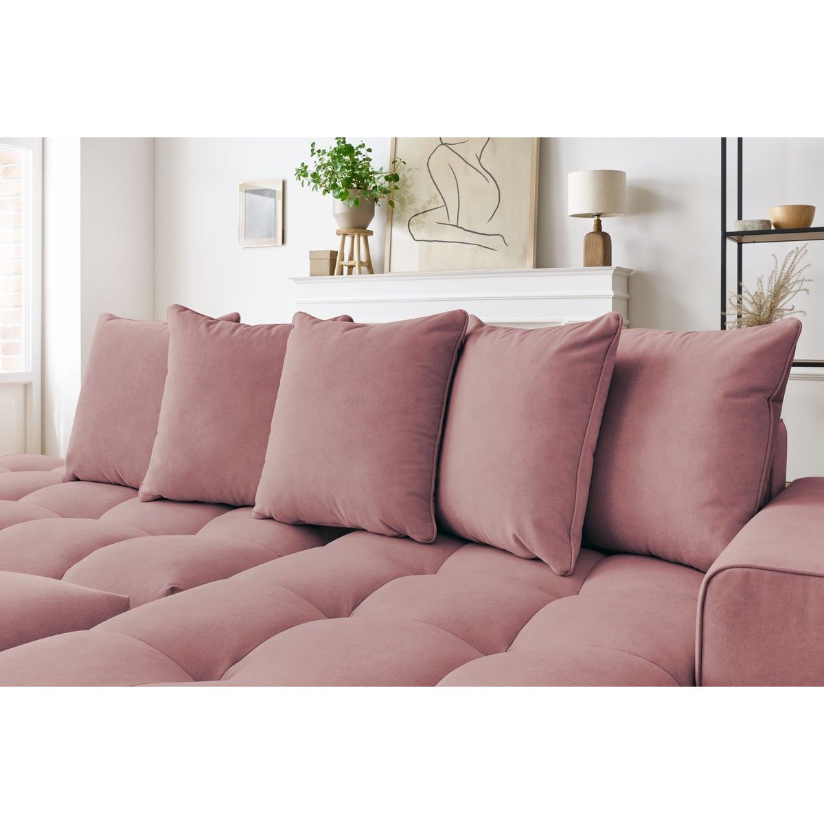 Canapé d'angle fixe 4 places en velours avec pouf, MONT-BLANC rose, BOBOCHIC